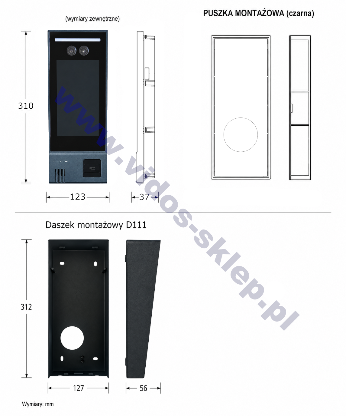 Wymiary stacji bramowej Vidos S111 IPX