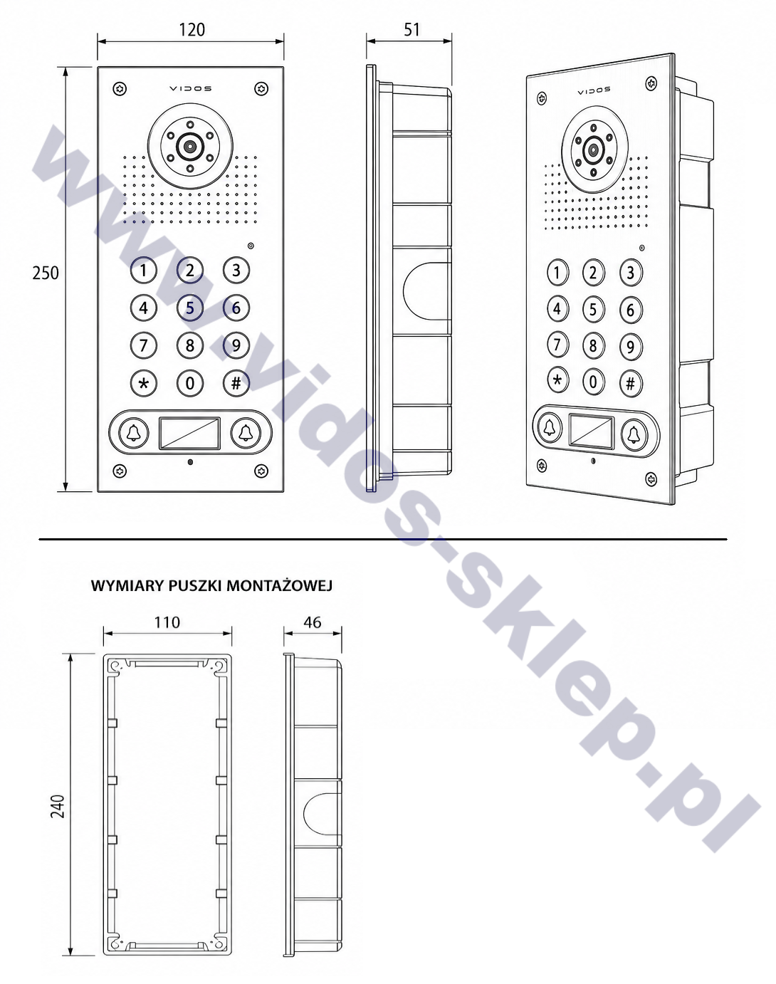 Wymiary stacji bramowej Vidos S562D ANALOG