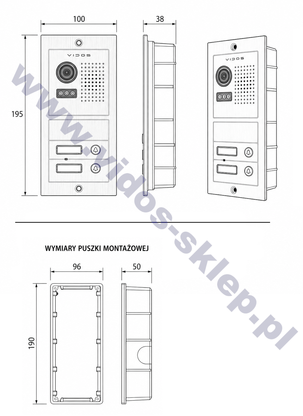 Wymiary stacji bramowej Vidos S602 ANALOG