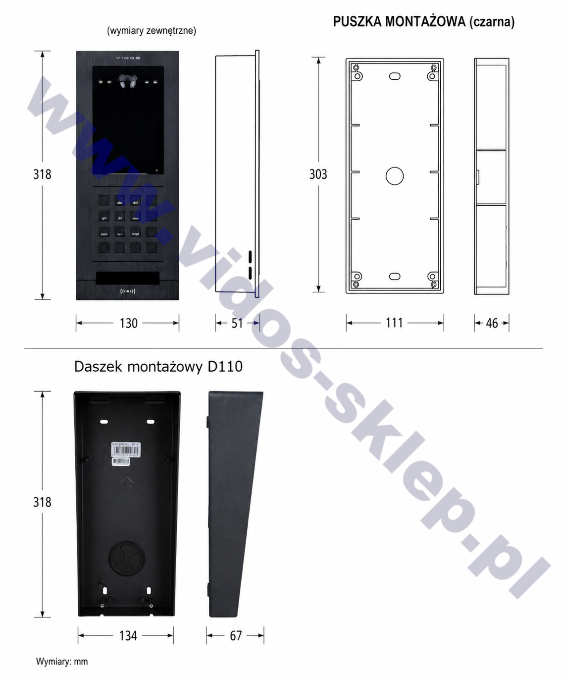 Wymiary stacji bramowej Vidos S110 IPX